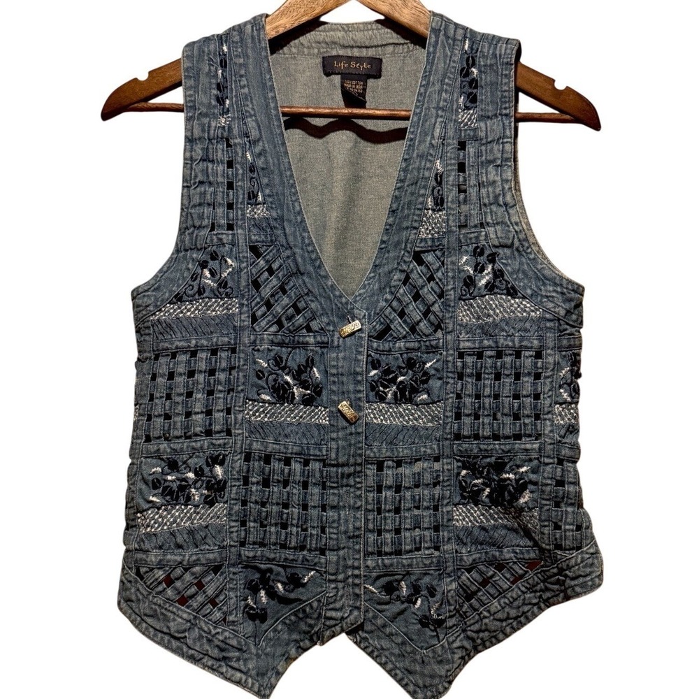 VTG LIFESTYLE Braid & Patch Denim Vest Women's Small Button Up
